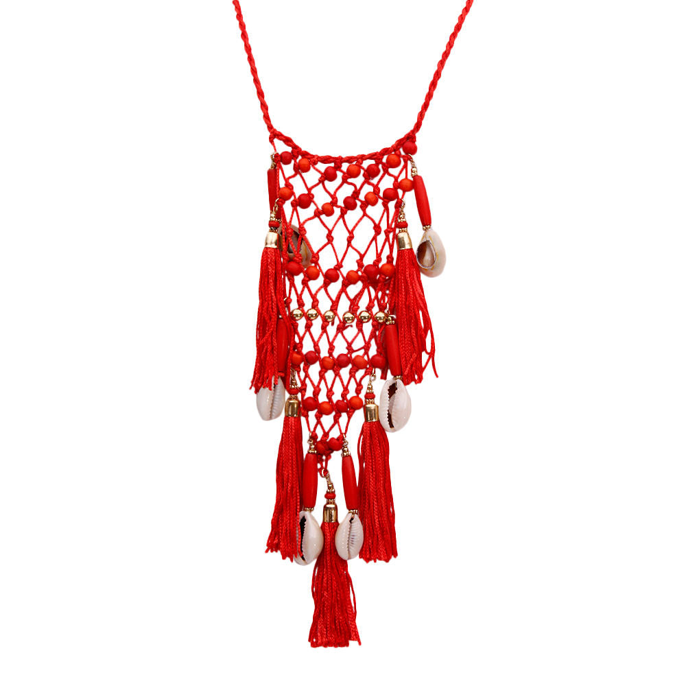 Red Braided String and Cowrie Shell Long Tassel Necklace