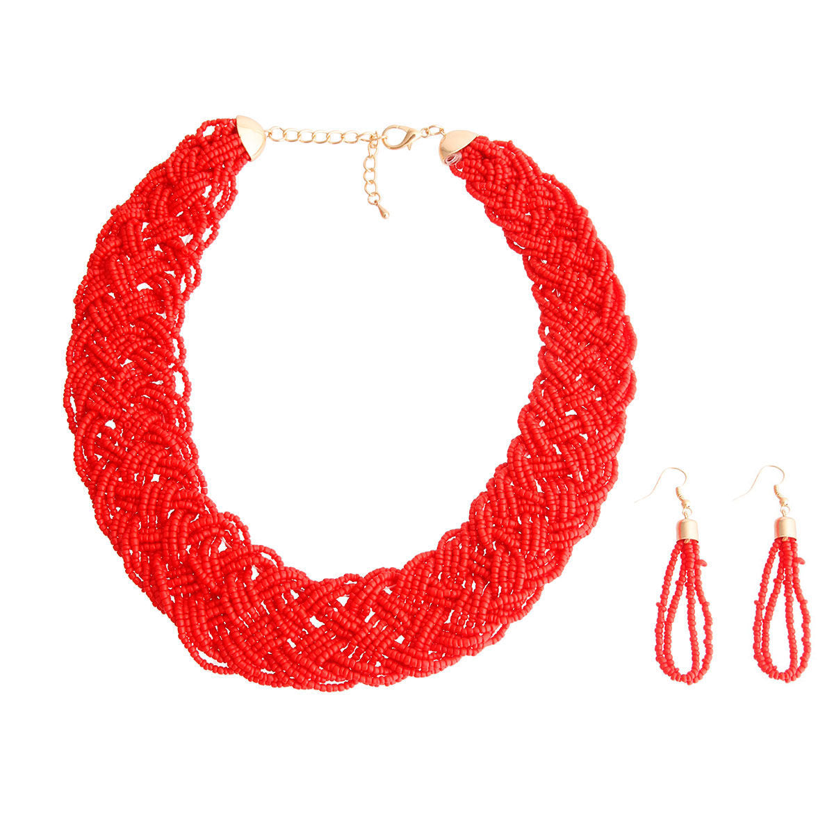 Red Seed Bead Braided Collar Set