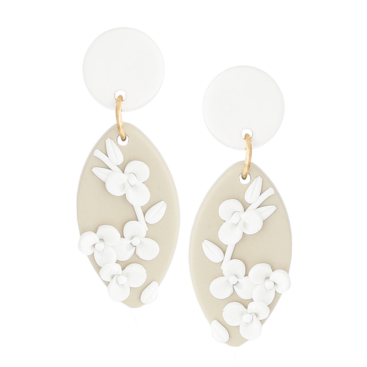 White Tan Clay Marquise Flower Bridal Earrings