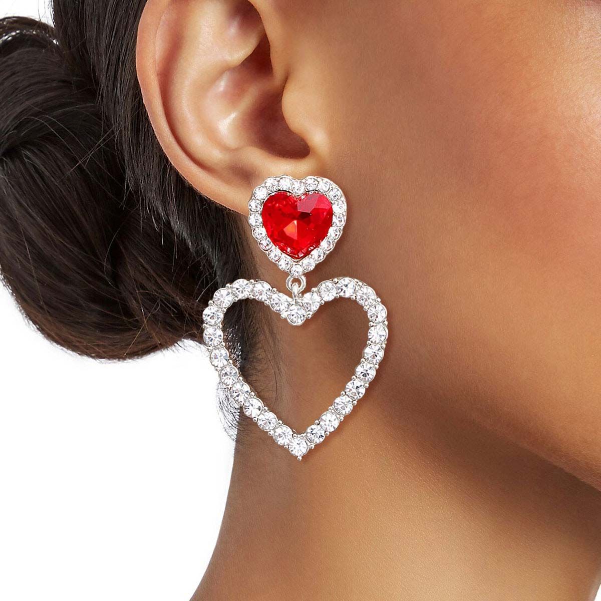 Silver Red Cutout Heart Earrings