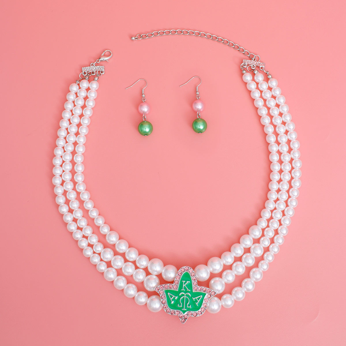 Pearl Necklace Green Tea Rose AKA Set for Women