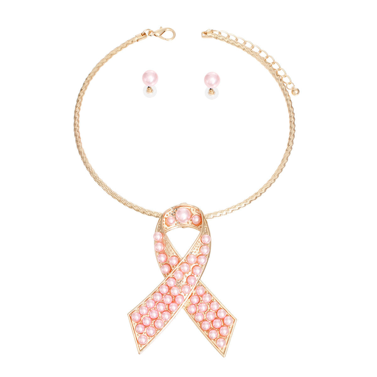 Gold Pink Pearl Cancer Ribbon Pendant Collar
