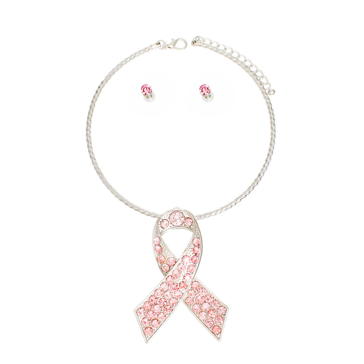 Silver Pink Stone Cancer Ribbon Pendant Collar