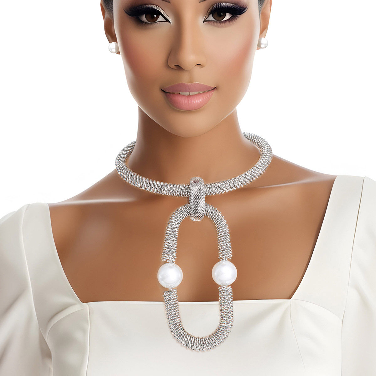 Necklace Silver Woven Mesh Rigid Collar for Women