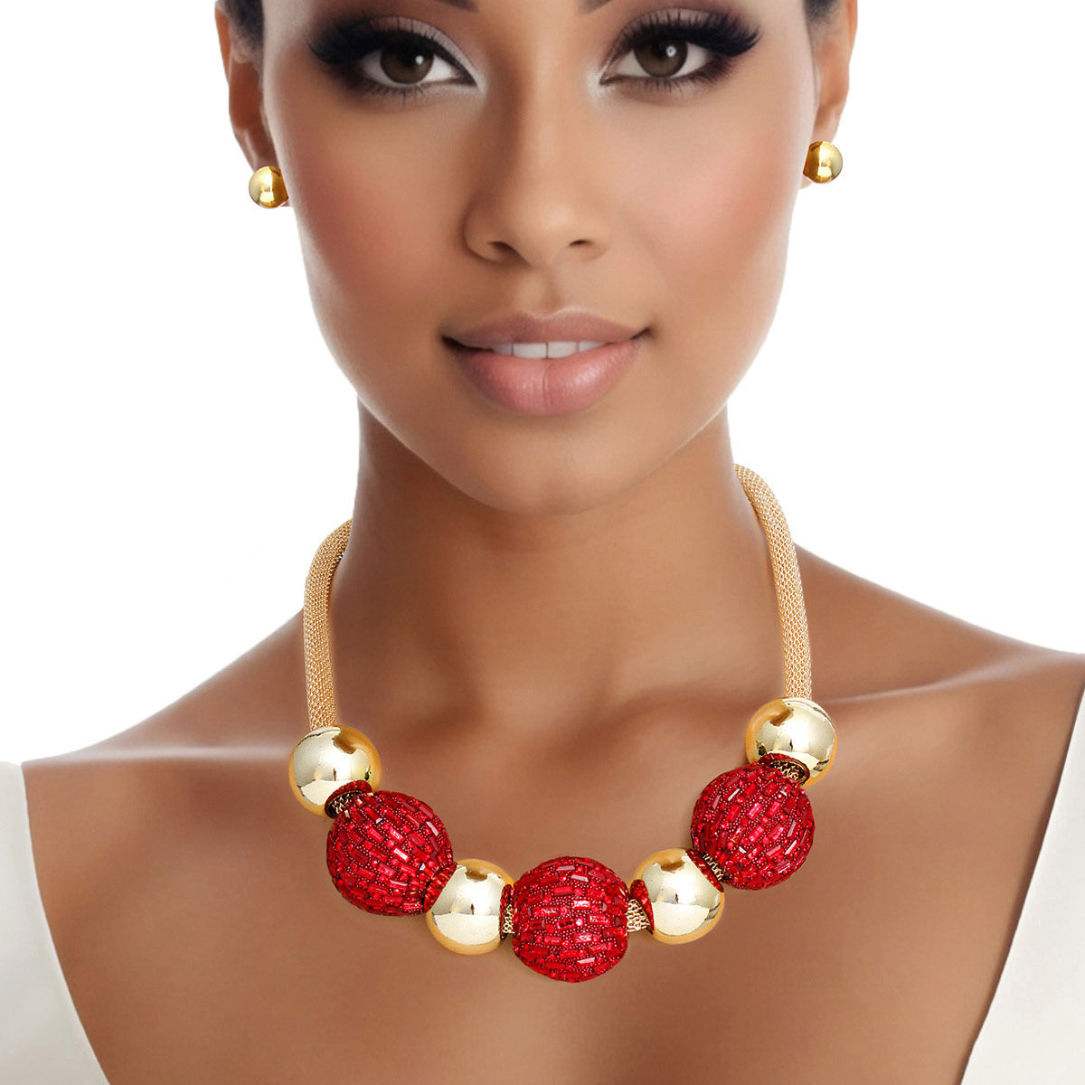 Necklace Red Disco Ball Bead Set for Women
