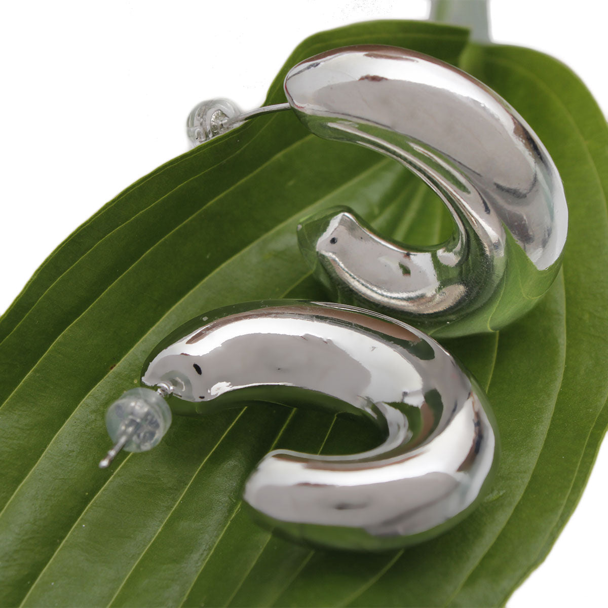 14K White Gold Puffy Post Hoops