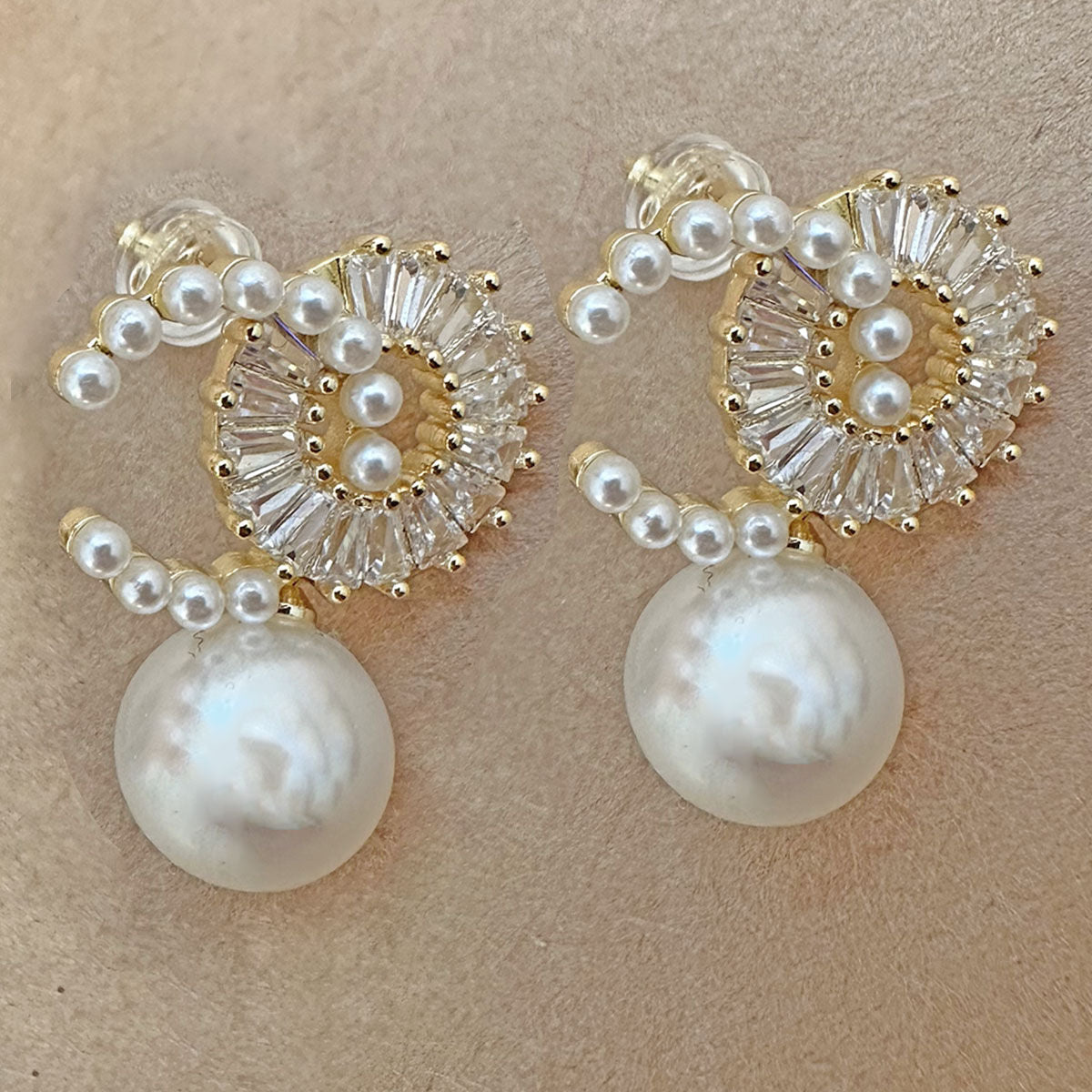 14K Gold CZ Drop Pearl Earrings