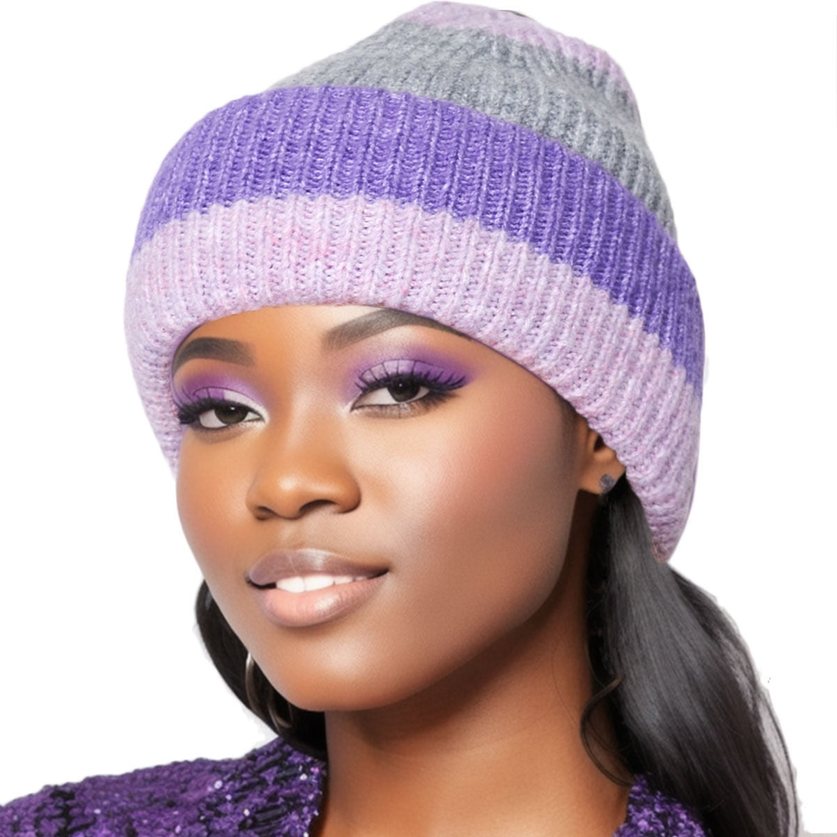 Beanie Purple Pink Striped Hat for Women