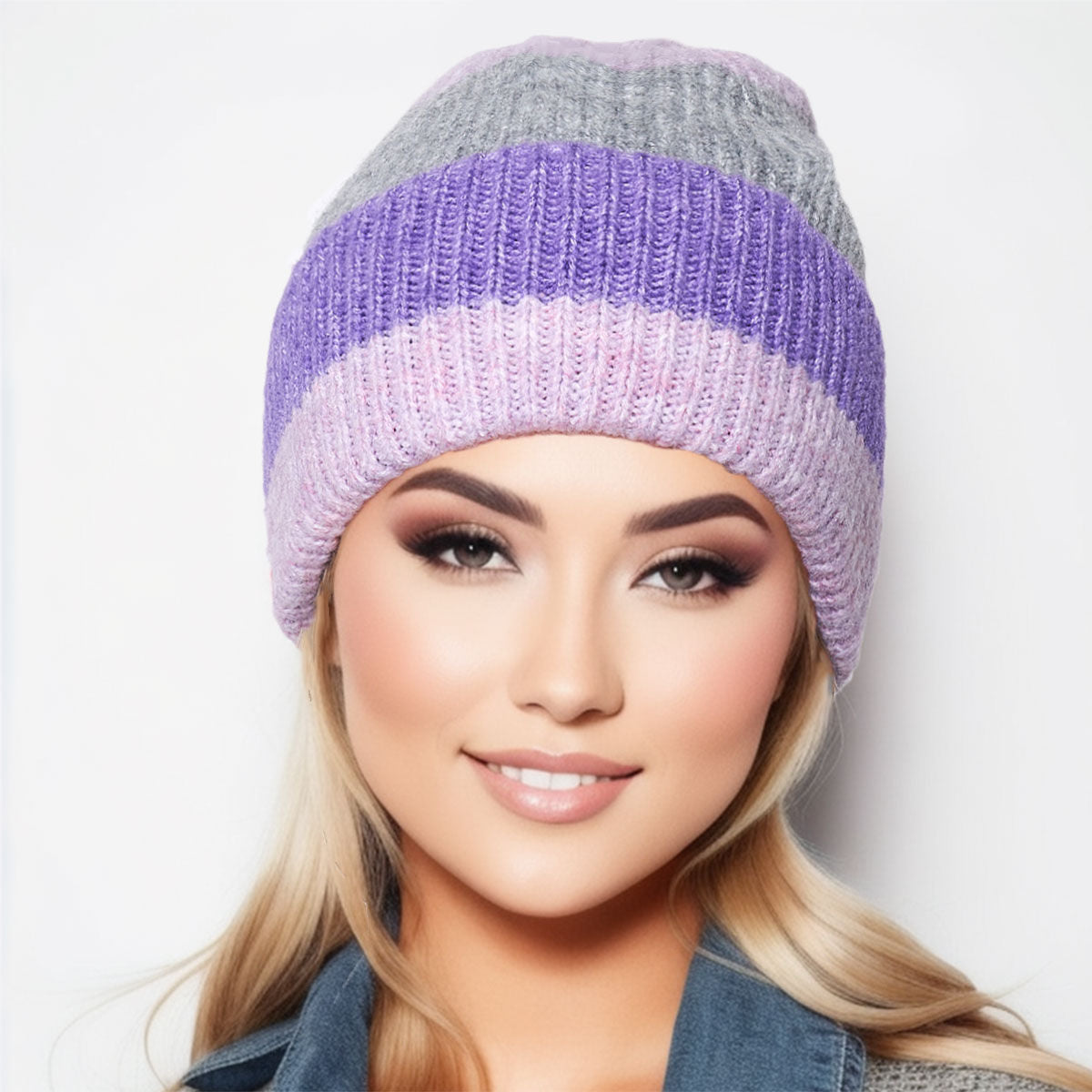 Beanie Purple Pink Striped Hat for Women