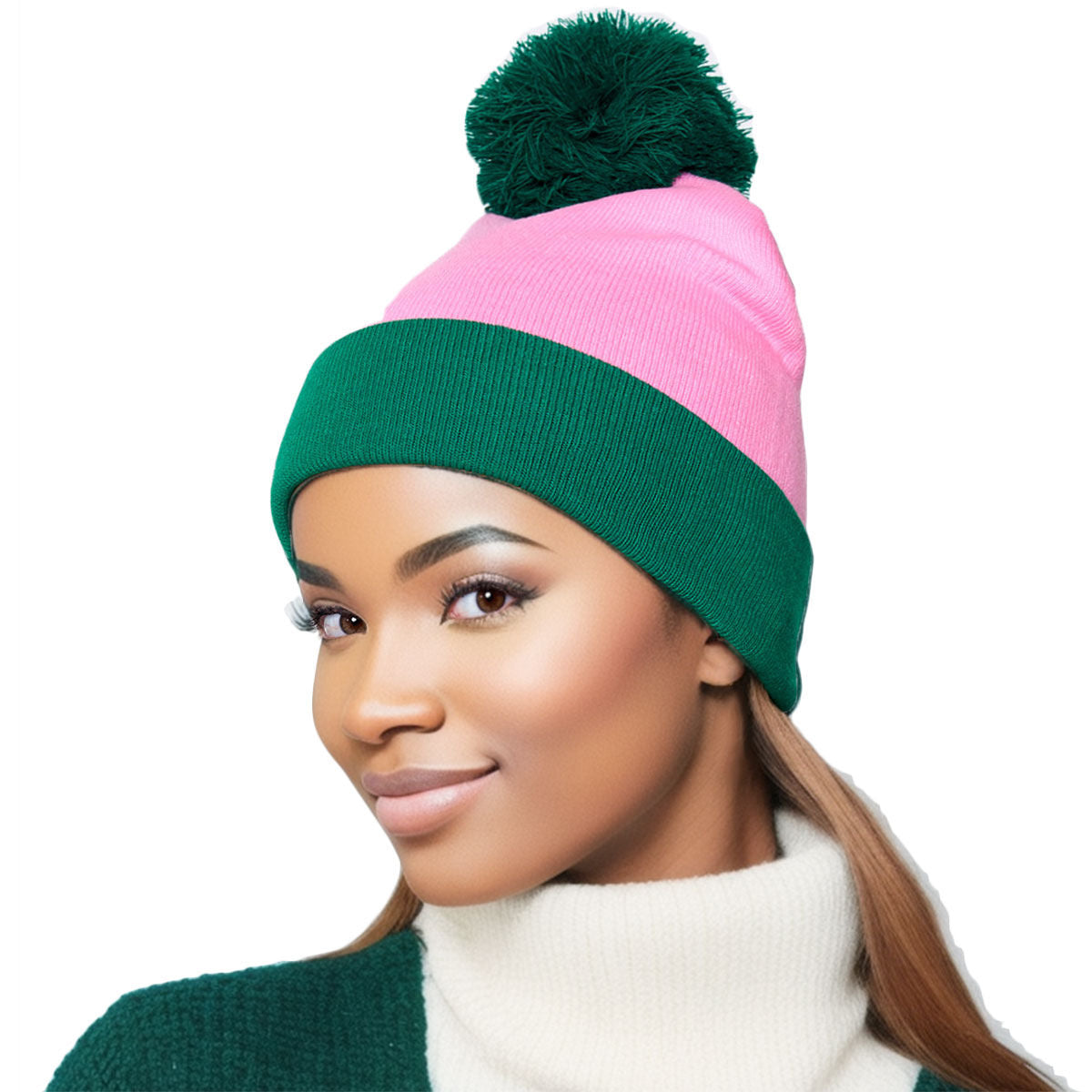 Pink with Green Cuff Beanie