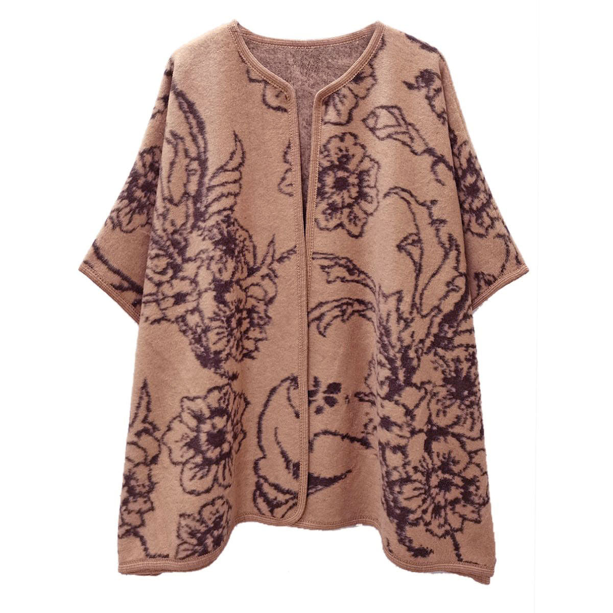 Kimono Ruana Acrylic Camel Flower Knit For Women