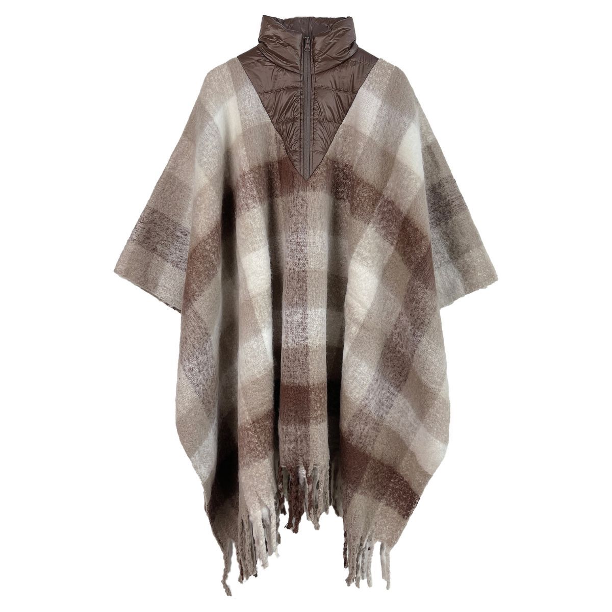 Poly Brown Plaid Long Zip Fringe Poncho for Women