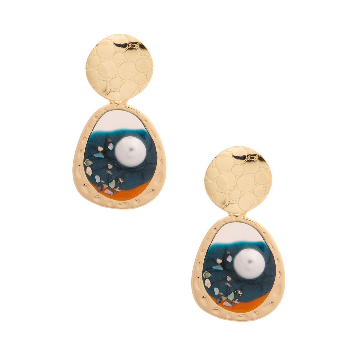 Gold and Blue Resin Oval Earrings