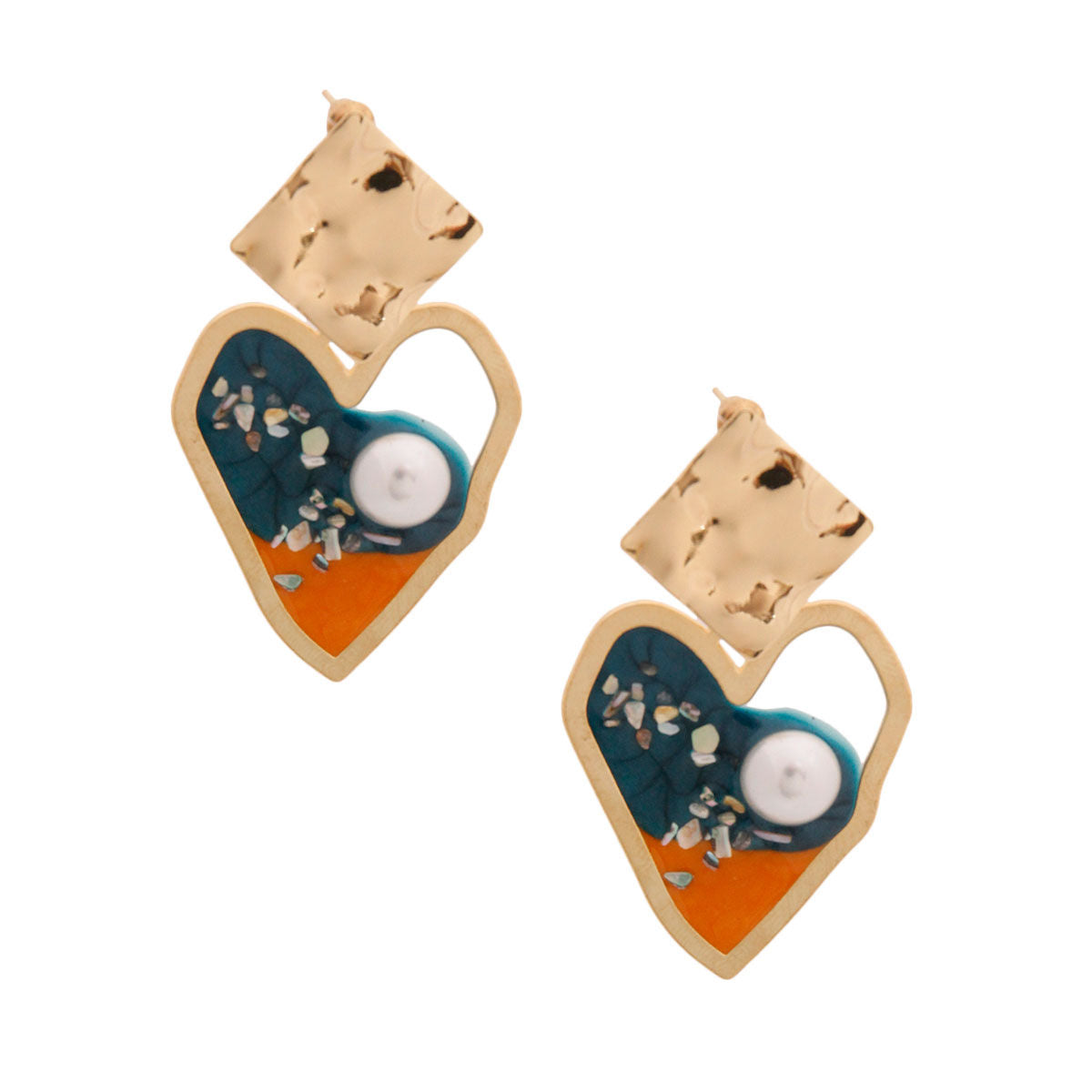 Gold and Blue Resin Heart Earrings