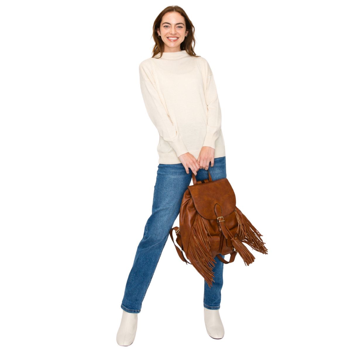 Backpack Brown Leather Fringe Bag for Women