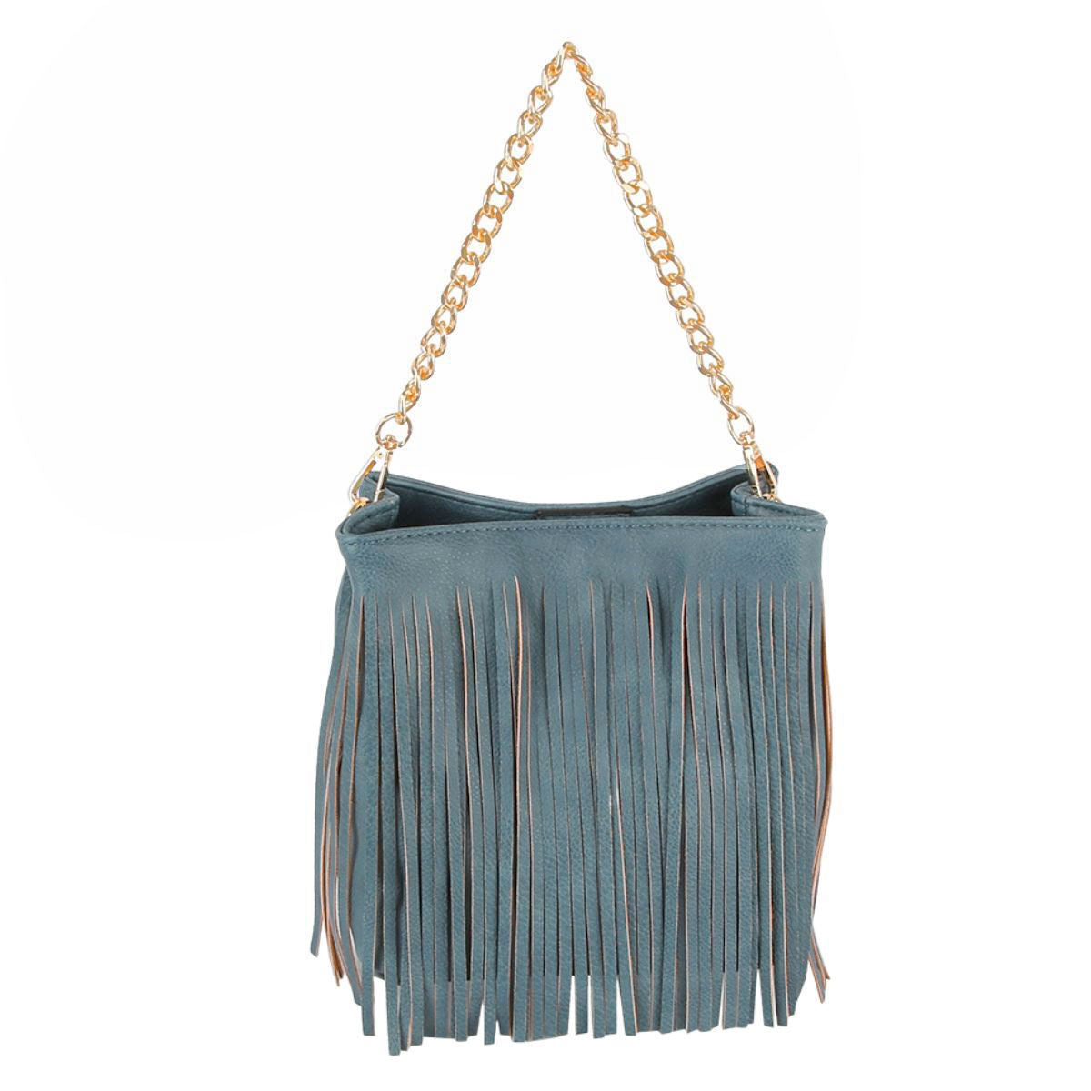 Purse Denim Blue Leather Fringe Bag for Women