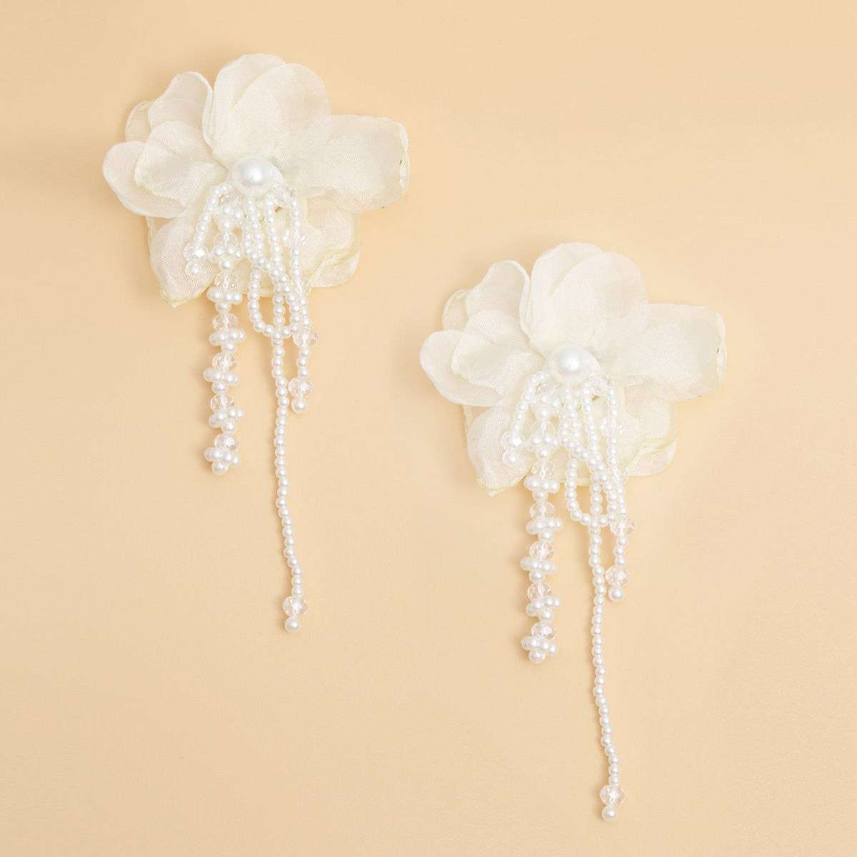 Drop Cream Fabric Flower Pearl Earrings for Women