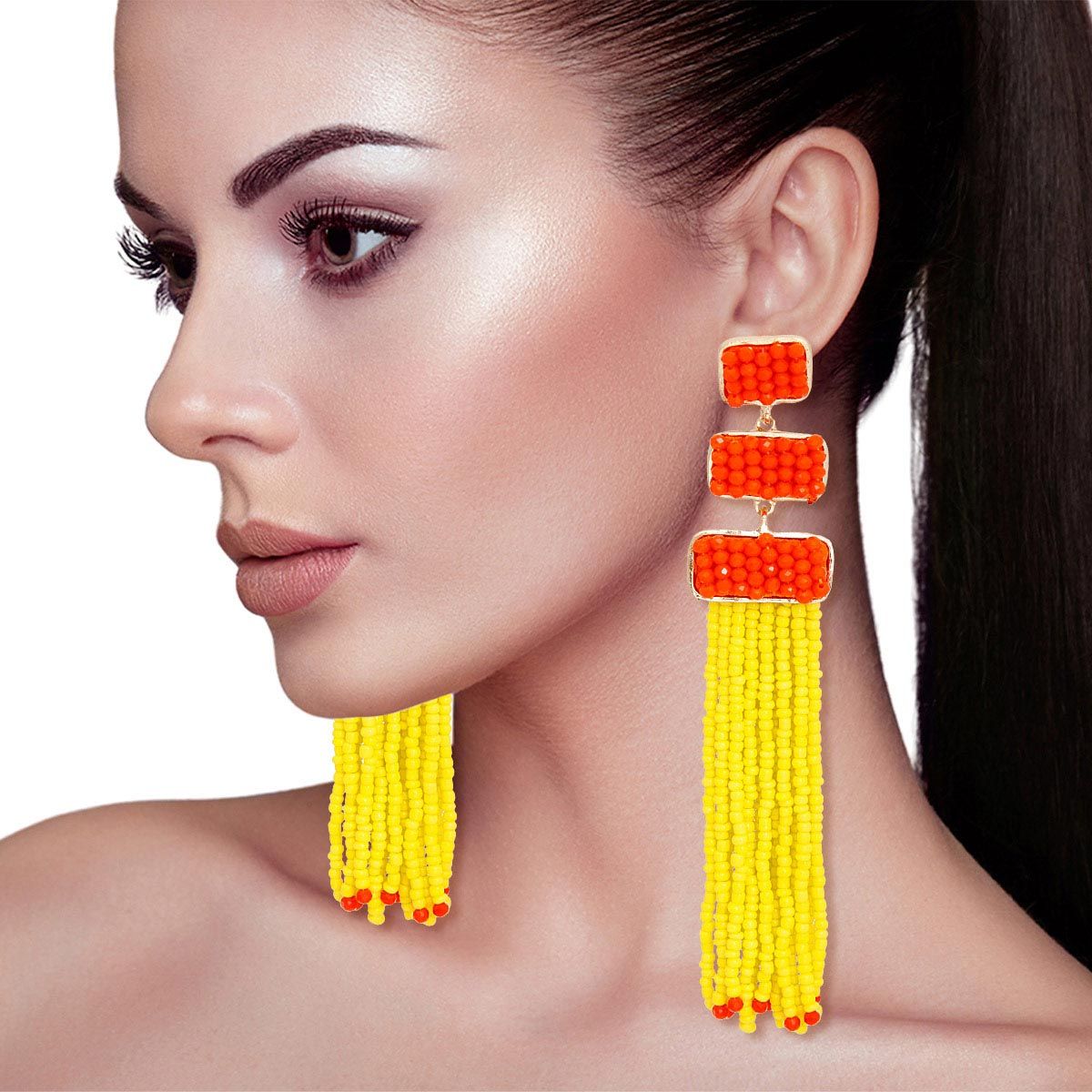 Tassel Yellow Orange Bead Long Earrings for Women