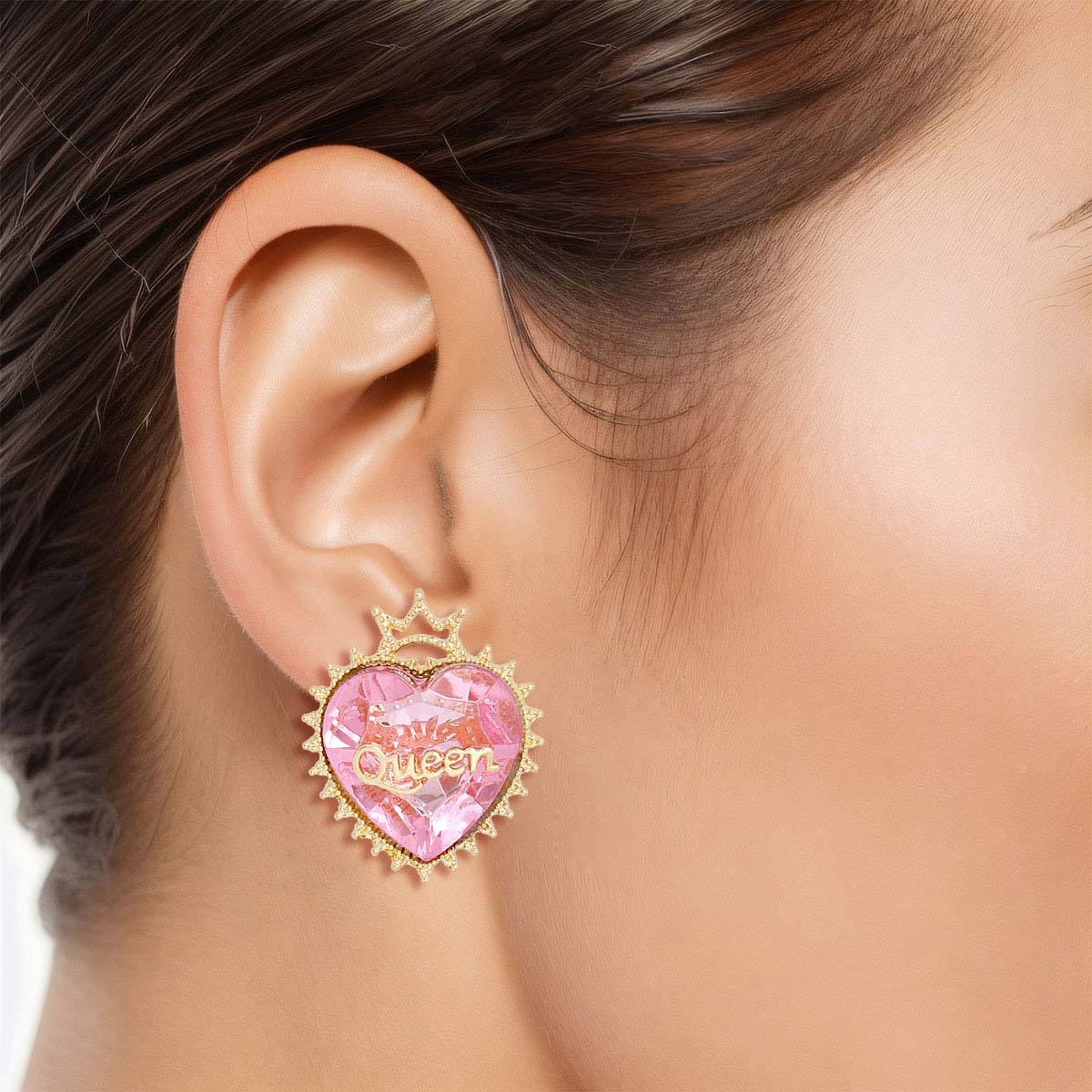 Gold Pink Crystal Heart Studs