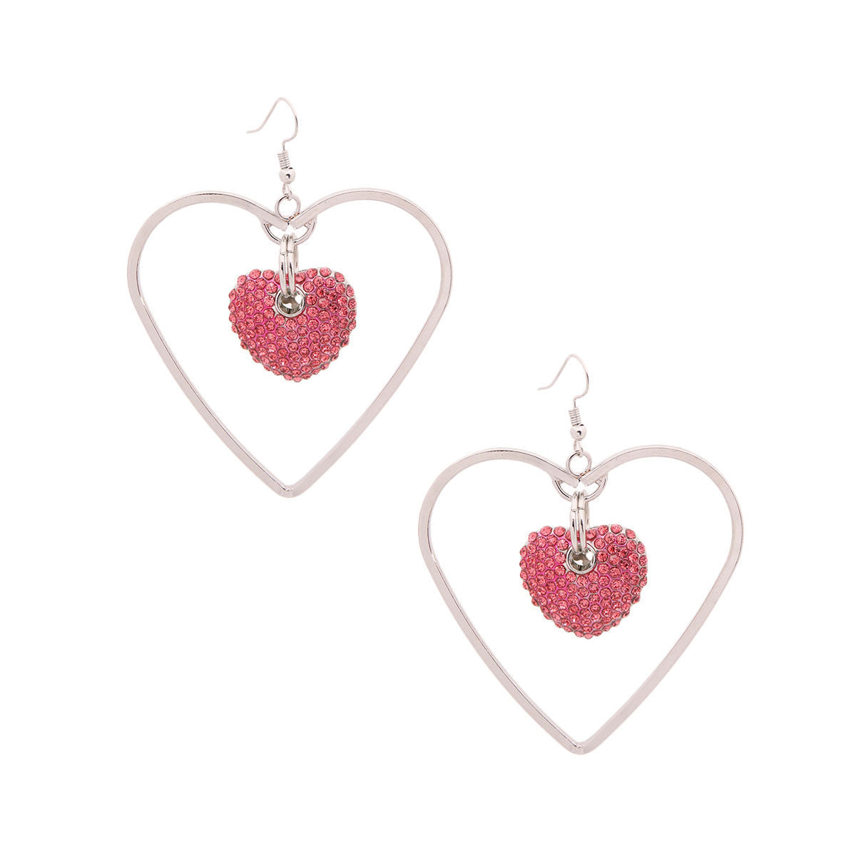 Silver Drop Pink Heart Earrings