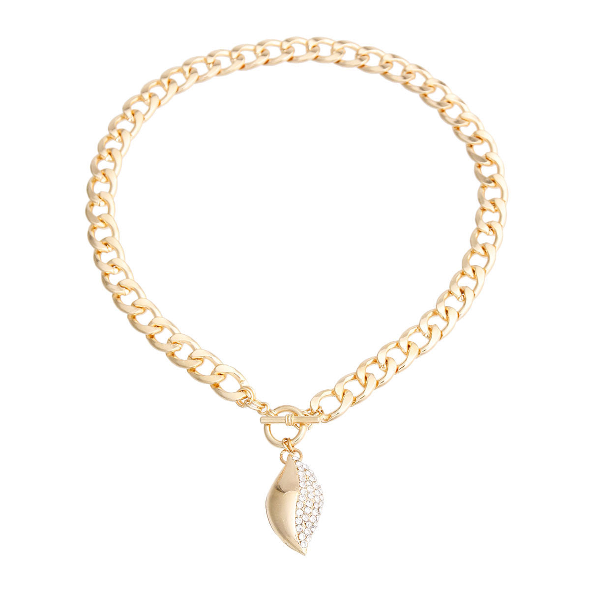 Gold Curved Oval Pave Charm Necklace