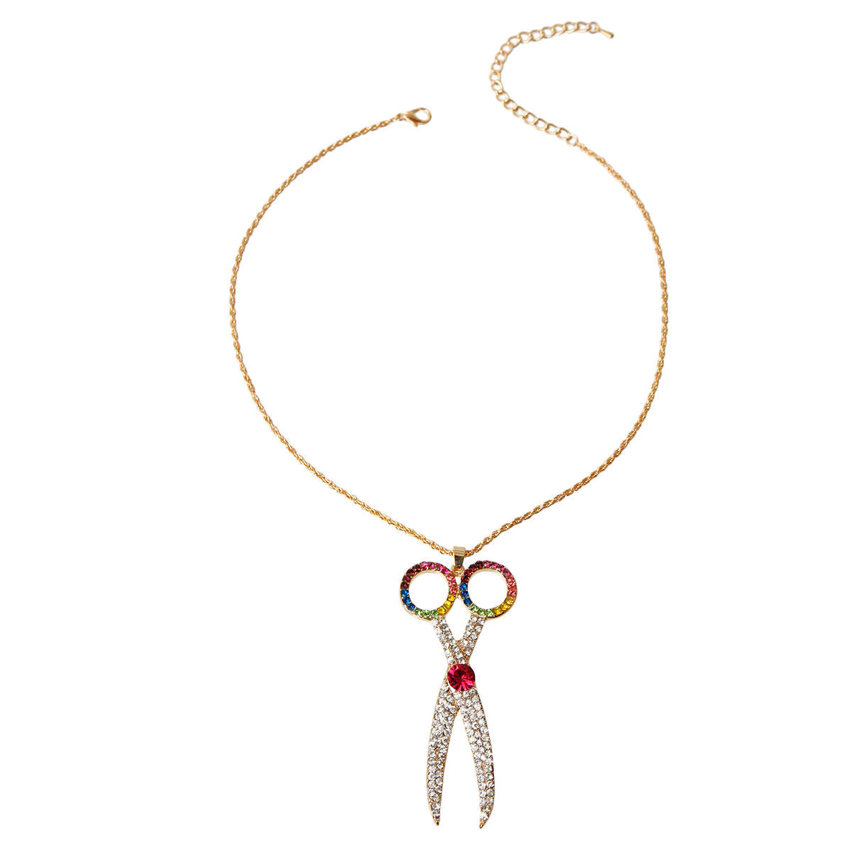 Multicolored Rhinestone Scissors Pendant Necklace