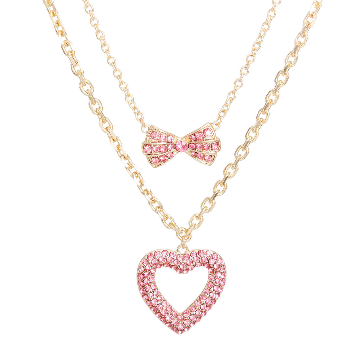Gold Pink Heart Bow Necklace
