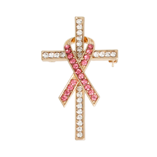 Silver Pink Ribbon Cross Brooch