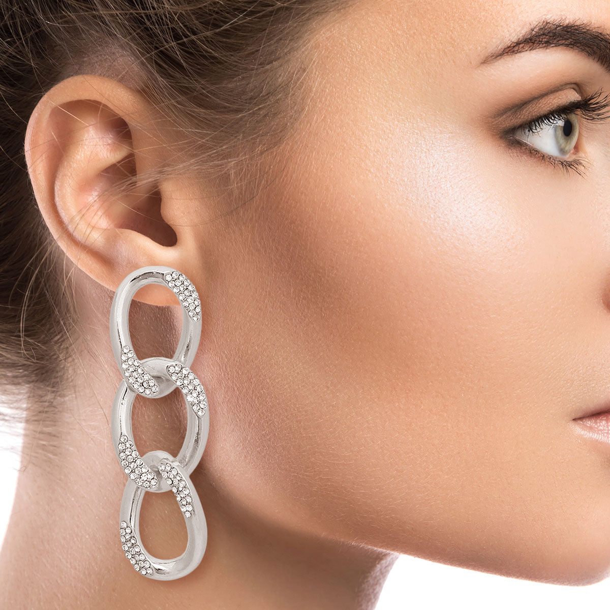 Silver Crusted Rhinestone Link Earrings