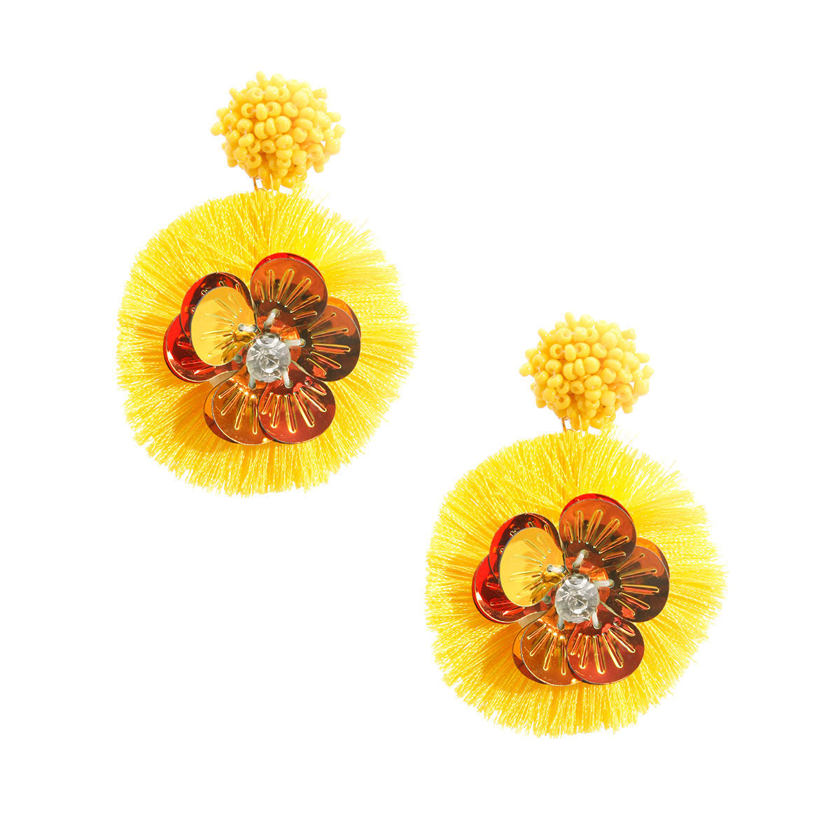 Yellow Sequin Flower Tassel Earrings