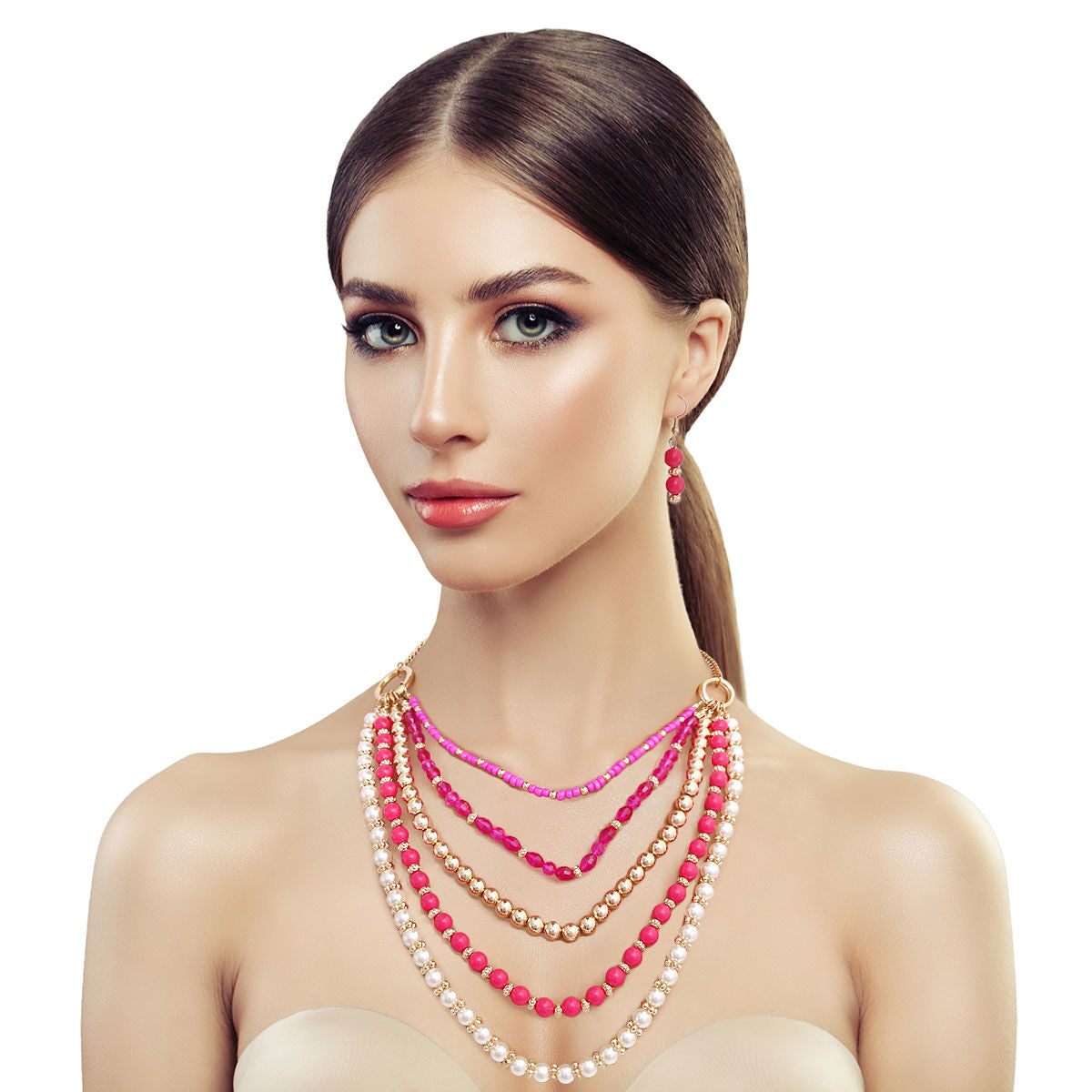 Fuchia Beads Pearl Necklace Set