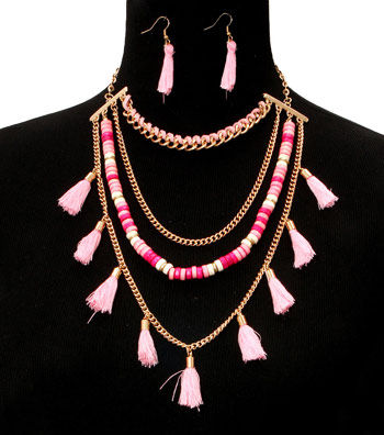 Pink Yarn Tassel Necklace Set