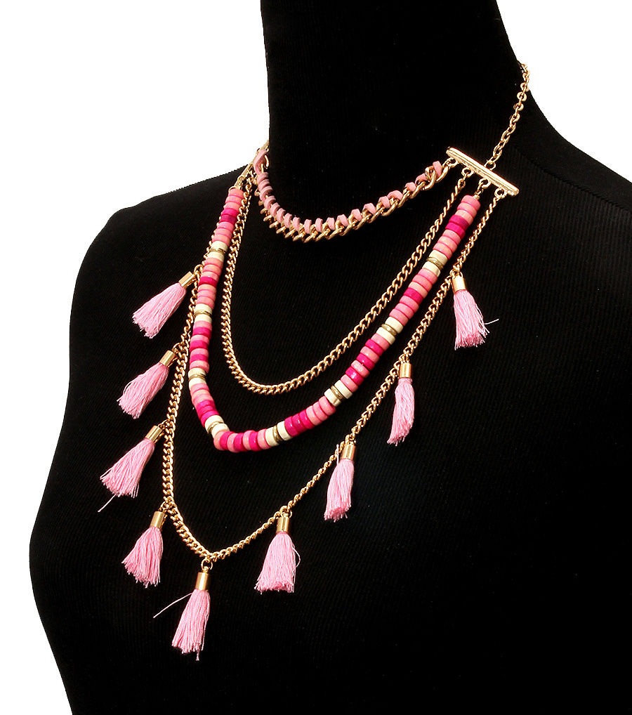 Pink Yarn Tassel Necklace Set