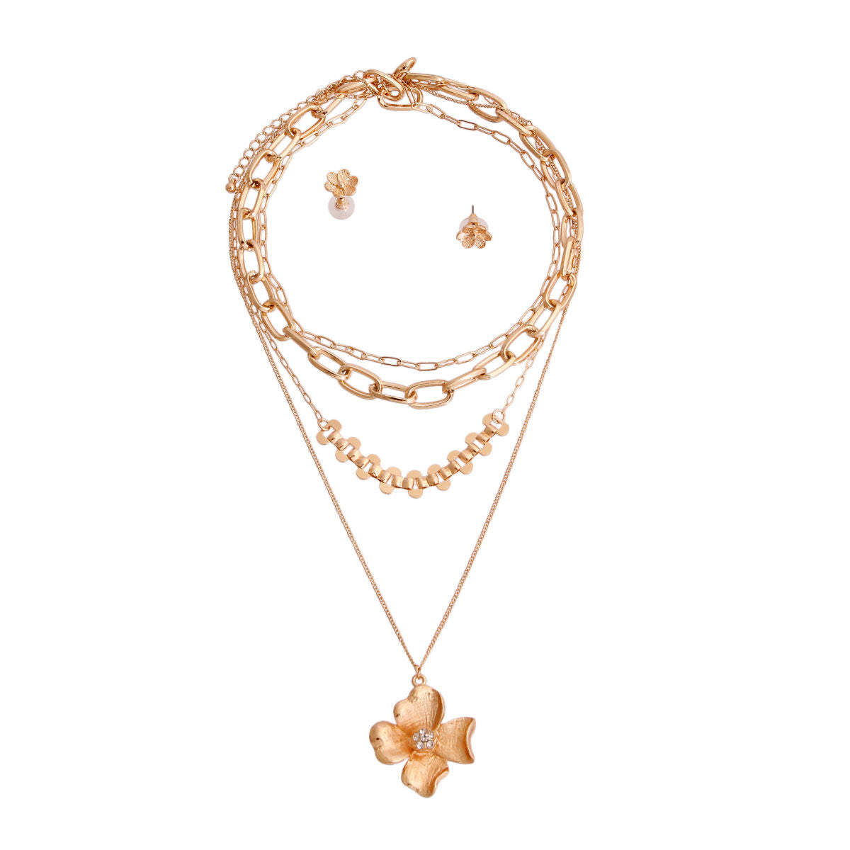 Gold Layered Chain Flower Necklace