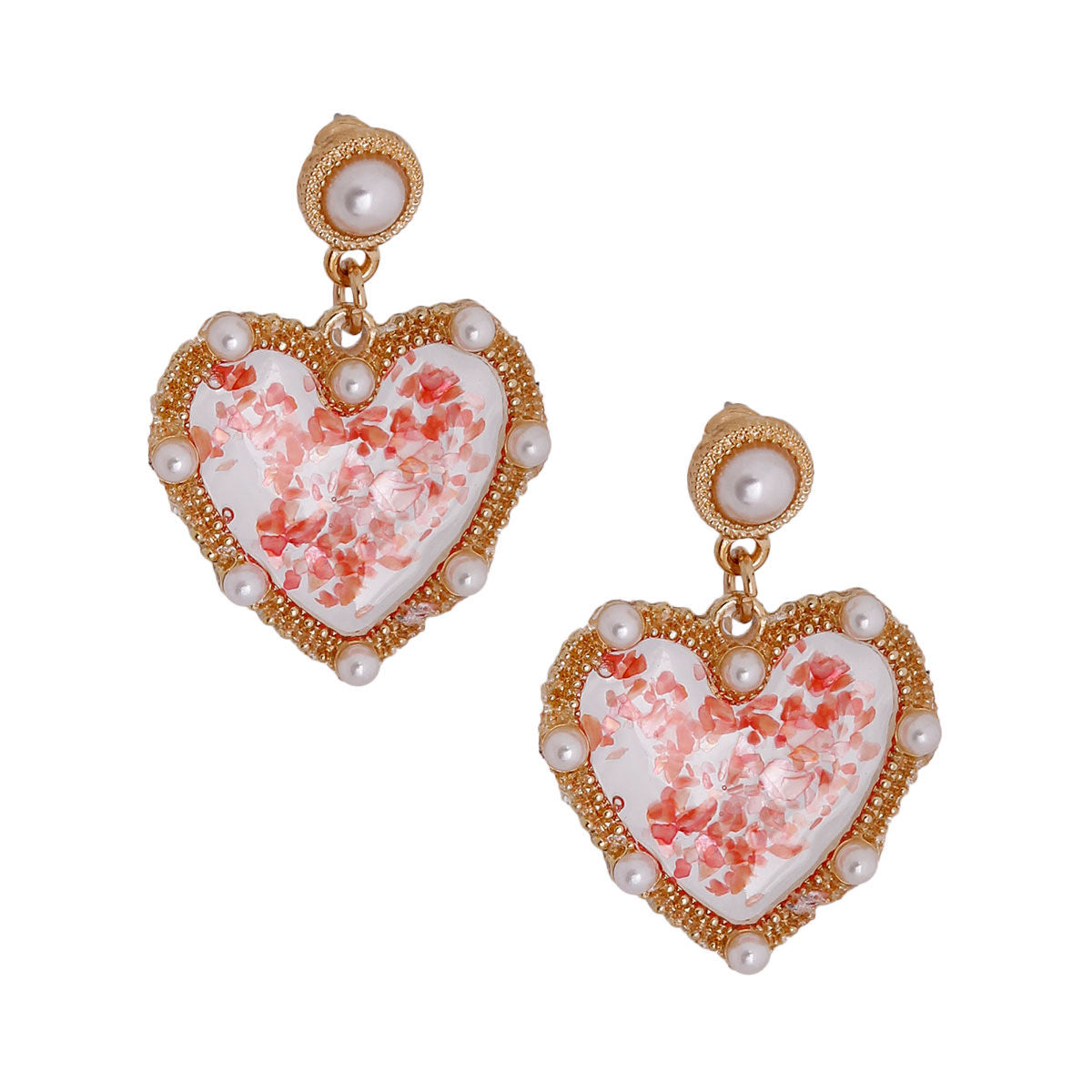 Pearl and Pink Resin Heart Earrings