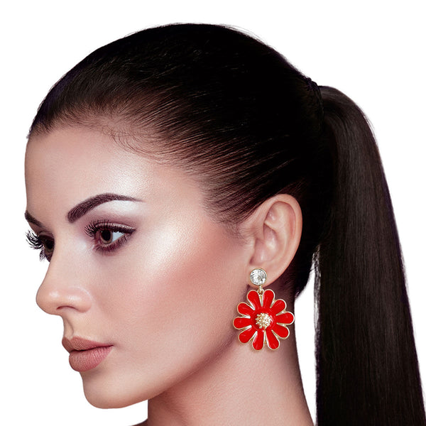 Red Metal Daisy Earrings