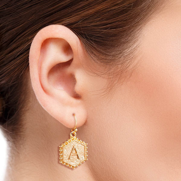 A Hexagon Initial Earrings