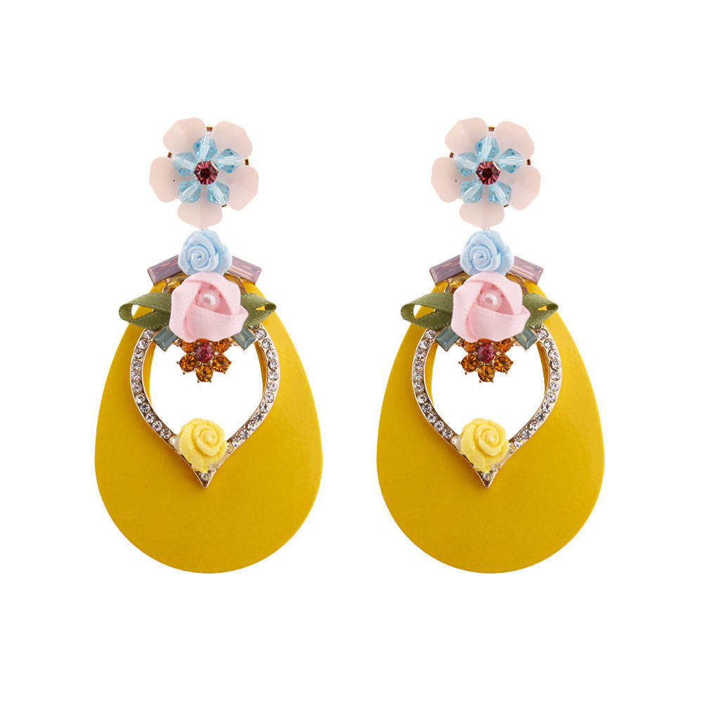 Yellow Teardrop Earrings with Rhinestone and Flower Detail