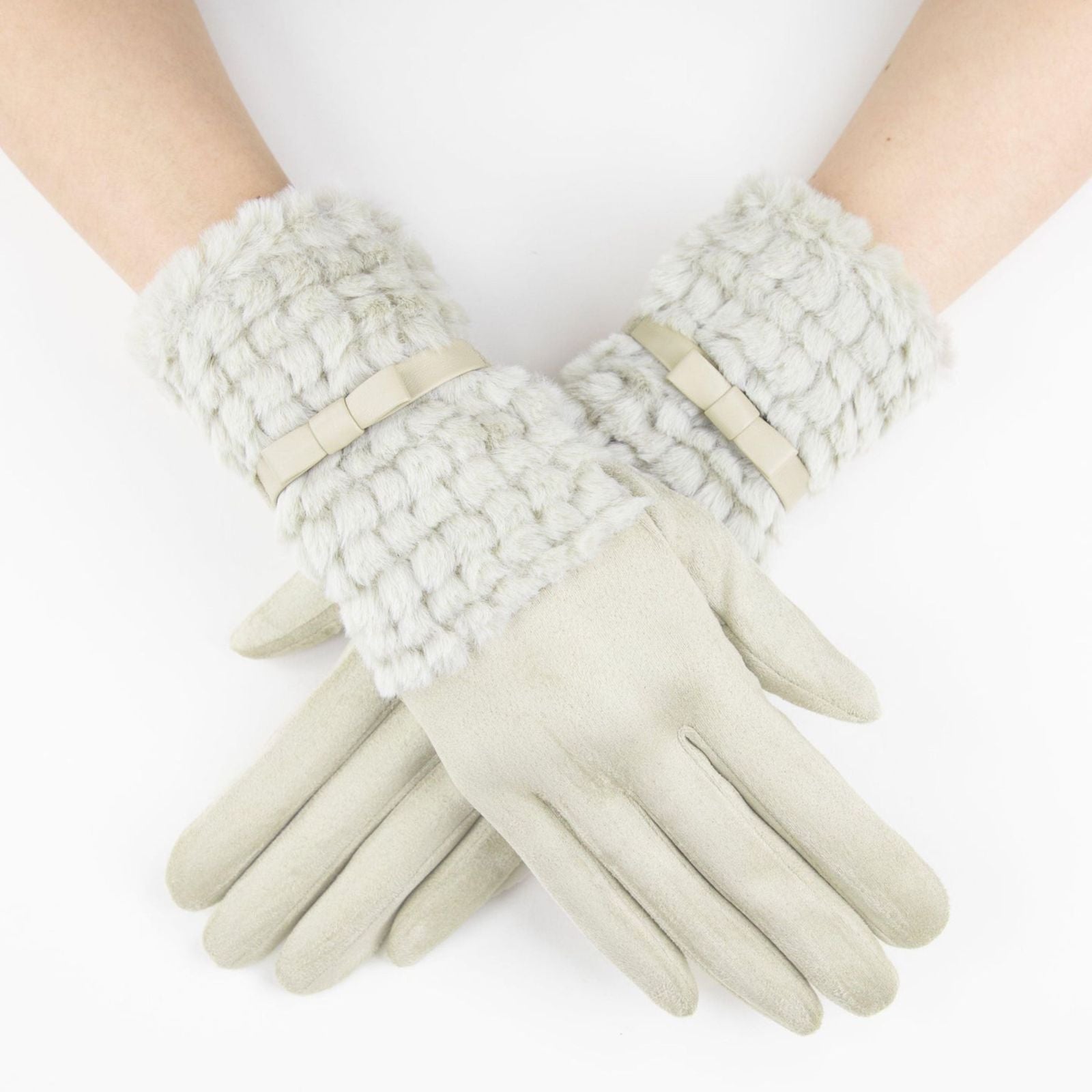 Gloves Beige Ribbon Fur Winter Gloves for Women
