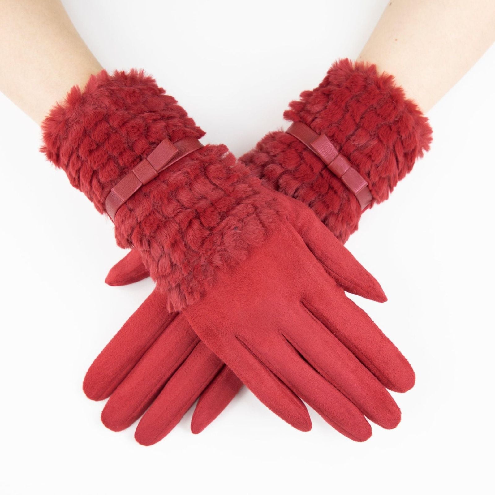 Gloves Red Ribbon Fur Winter Gloves for Women