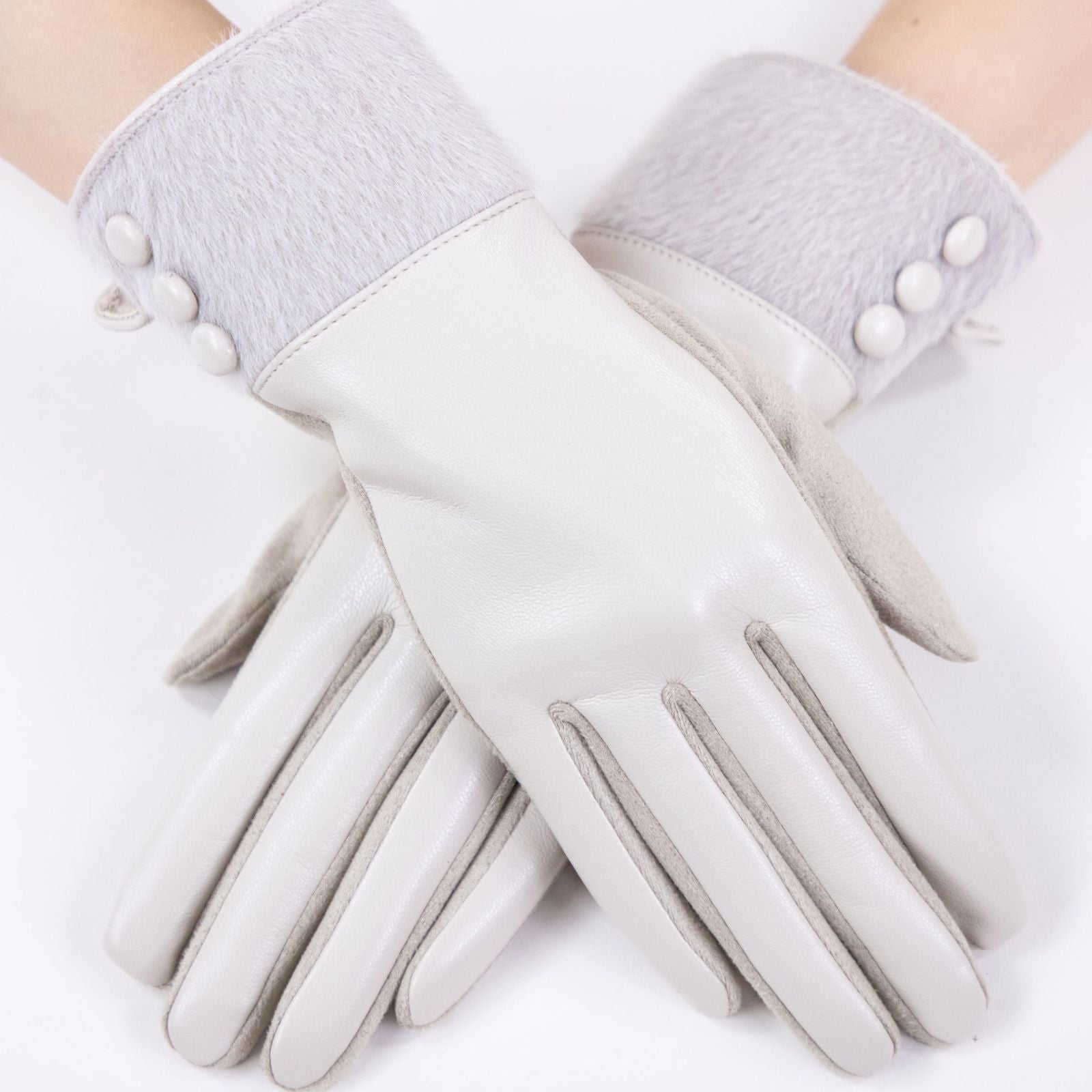 Gloves Beige Faux Leather Winter Gloves for Women