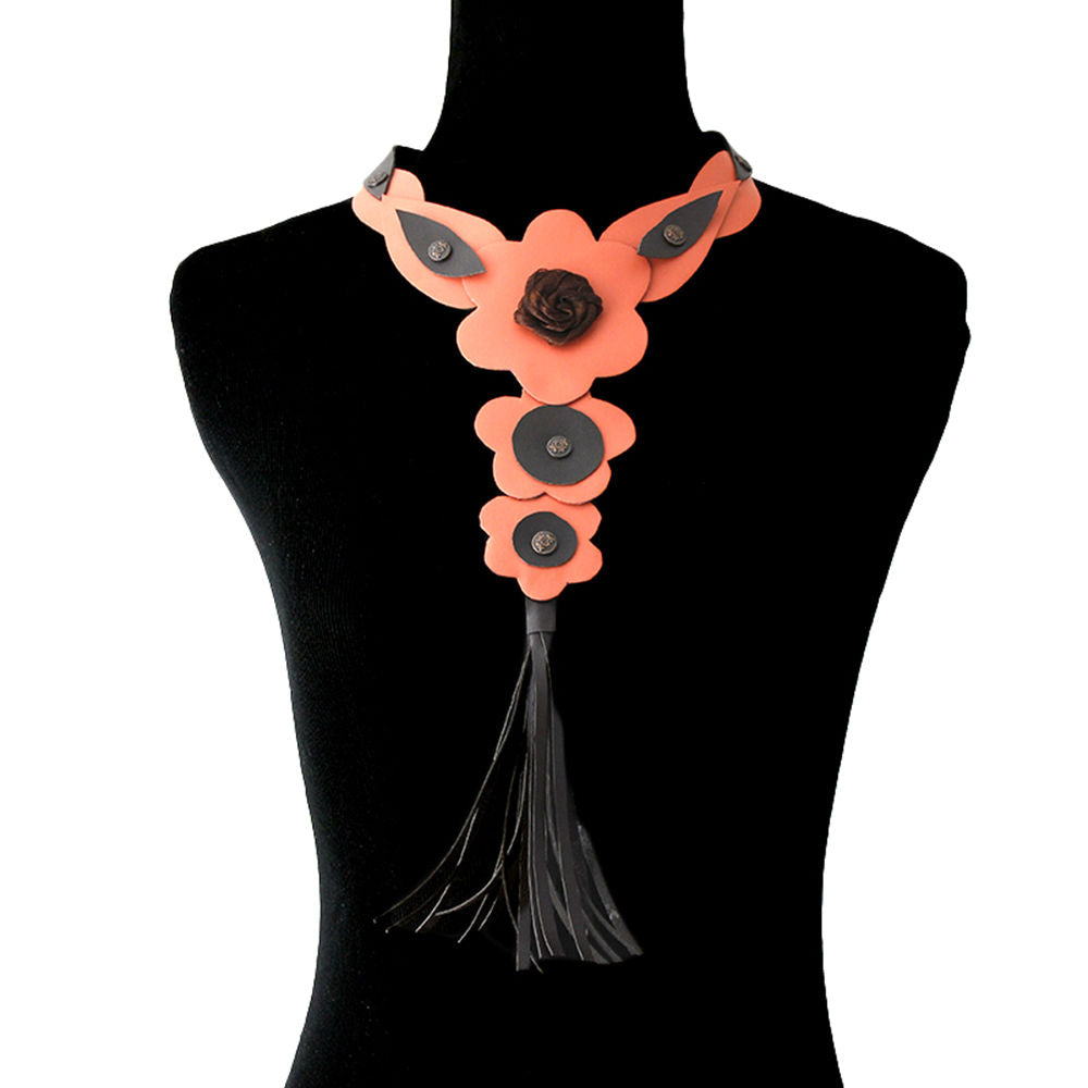 Coral Coral Leather Rose and Tassel Choker Necklace