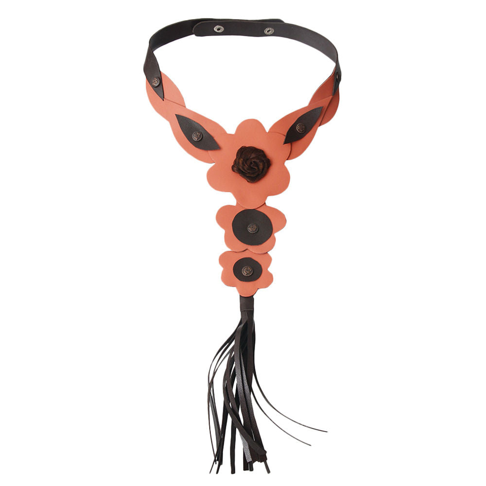 Coral Coral Leather Rose and Tassel Choker Necklace