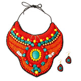 Red and Orange Bead Raised Collar Bib Necklace Set with Turquoise Stone Bead Detail